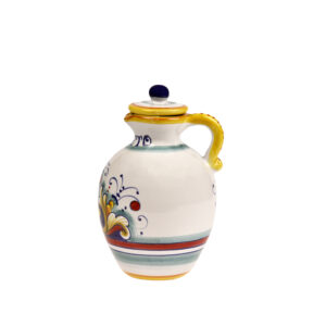 Oliera piccola in ceramica maiolica con tappo, disponibile con un motivo di colore giallo, arancione ,bianco, blu, azzurro, rosso