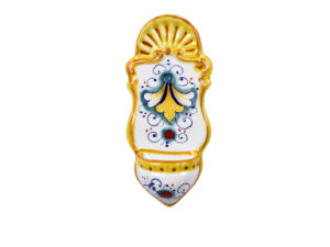 Acquasantiera in ceramica maiolica con decorazione raffigurante il sole lavorata e decorata a mano.