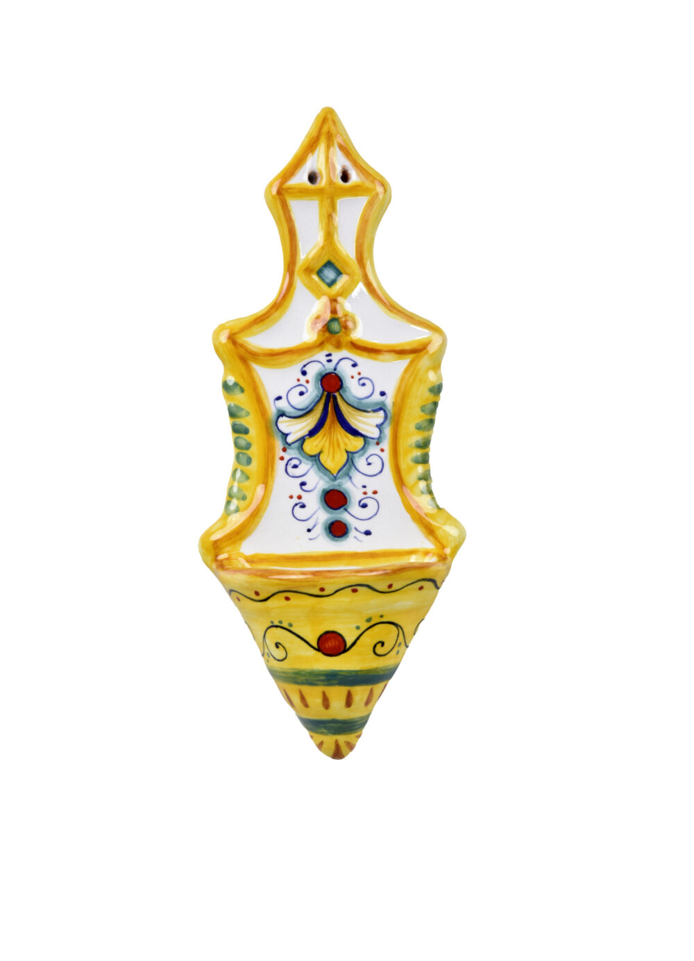 Acquasantiera in ceramica maiolica italiana con decorazione crocifisso e greche.